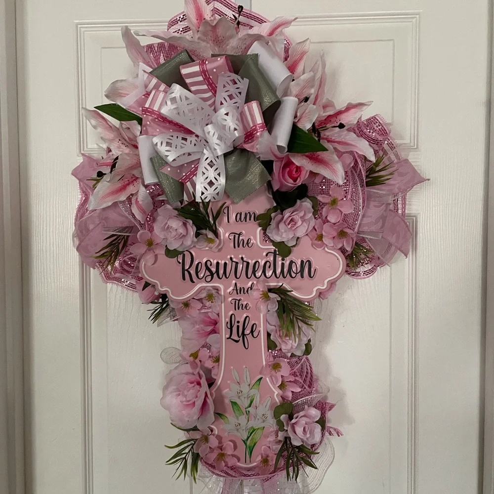 Pink Floral Easter/Resurrection Cross Wreath